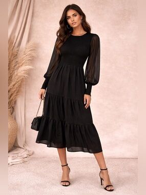 Mittoshop Black Smocked Midi Dress Sheer Sleeve Tiered Boho Size S (ptp 14-24”)